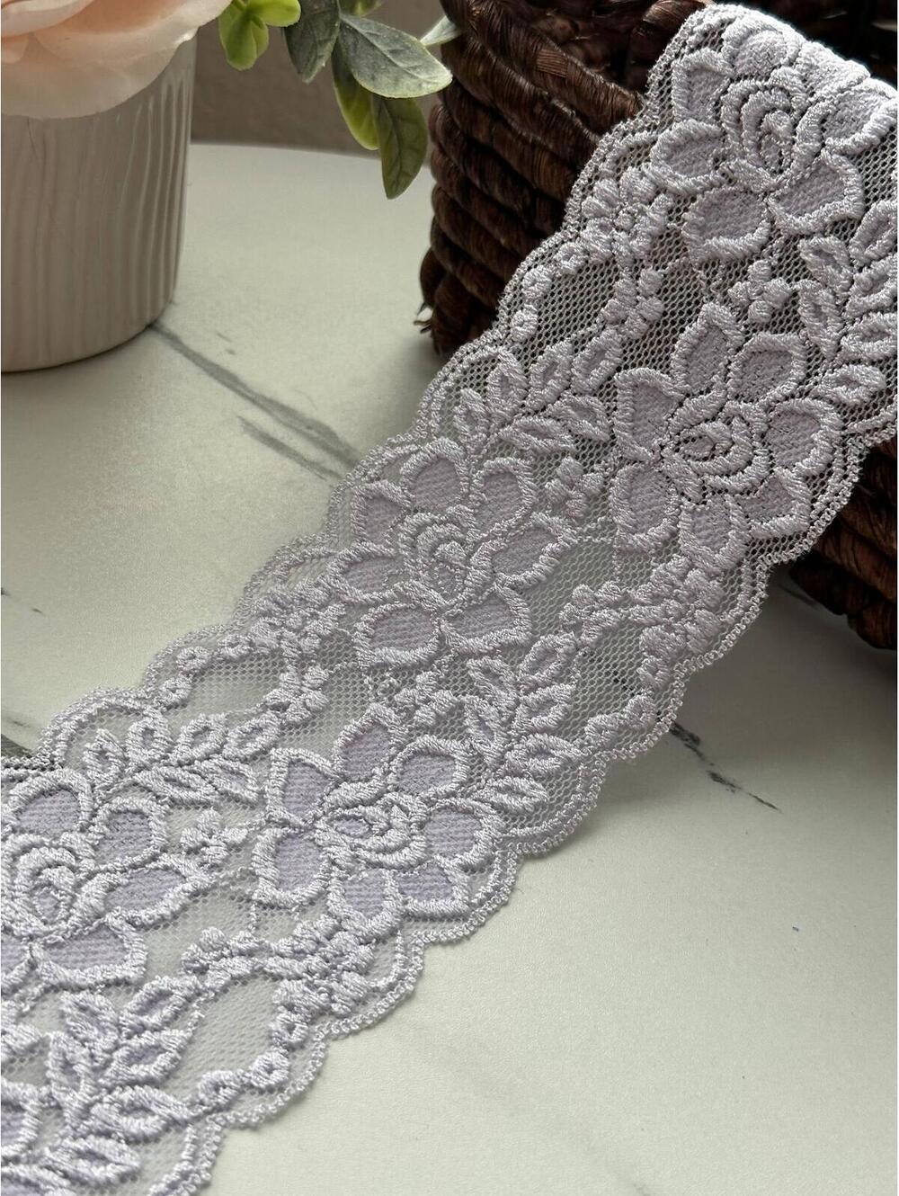 10Yds Stretch 3.2" Light Purple Embossed Floral Scalloped Stretch Lace Trim